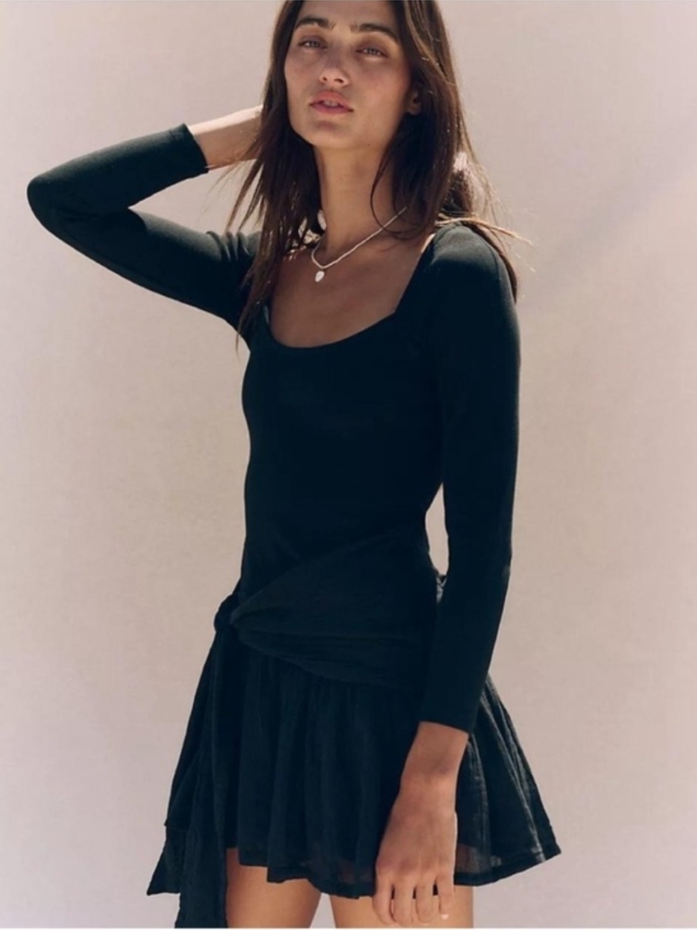 NWT Free People Sweet Annie Black Long Sleeve Drop Waist Tie Belt Skater Mini -S